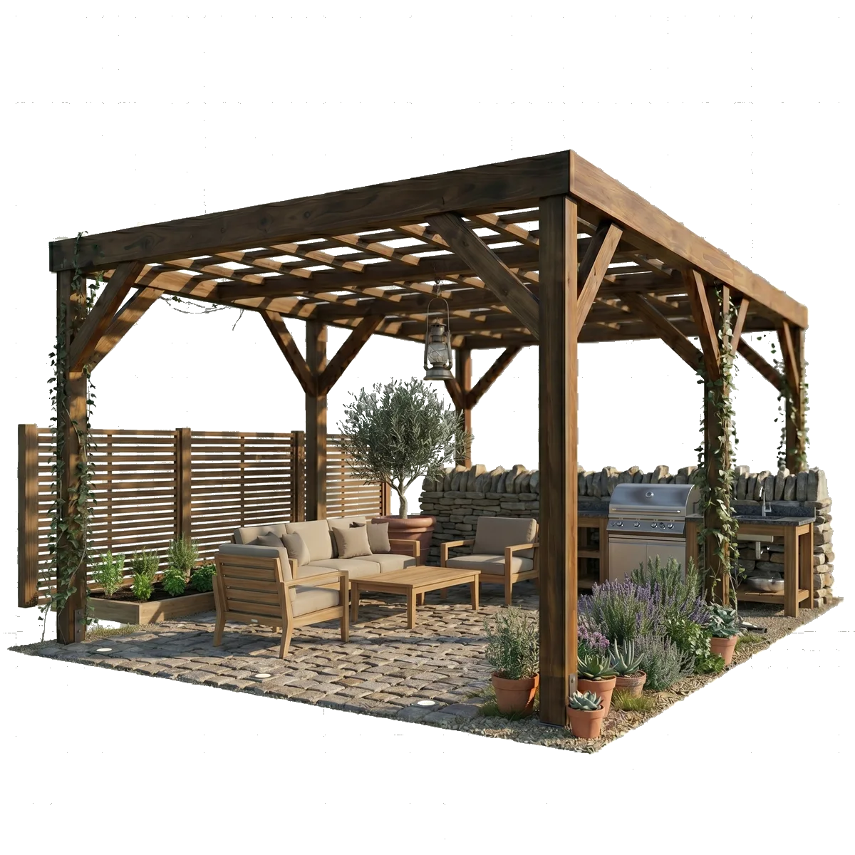 Amenagement exterieur Renotech Moselle - pergola bois sur mesure avec cuisine d'ete, salon de jardin, plantations, abris et terrasse a Boulay 57